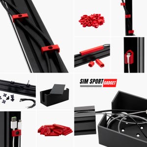 Può includere: Sistema di gestione dei cavi nero con clip per cavi rosse e una scatola nera con coperchio. Il sistema è progettato per organizzare e instradare i cavi in modo ordinato. Il testo "SIM SPORT GADGET" è visibile nell'immagine.