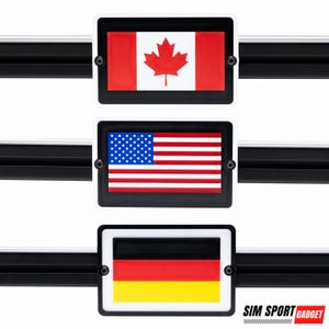 May include: Three black framed signs with flags of Canada, the United States, and Germany. The signs are mounted on a black metal bar.