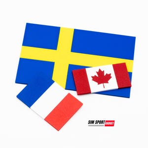 May include: Flags of Sweden, Canada, and France are displayed against a white background. The Swedish flag is blue with a yellow cross. The Canadian flag is red with a white square and a red maple leaf. The French flag is blue, white, and red.