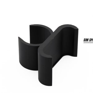 May include: Black plastic phone holder with a curved design. The holder is designed to hold a phone in a vertical position. SIM SPORT GADGET is printed on the holder.