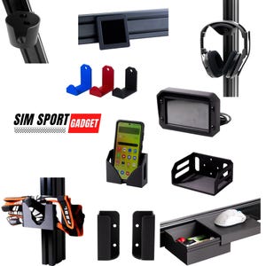 May include: A collection of black 3D printed accessories for a sim racing setup. The accessories include a phone holder, a headset holder, a tray, a cup holder, and a mouse pad holder. The accessories are all mounted on a black metal frame. The text "SIM SPORT GADGET" is visible in the center of the image.