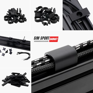 Può includere: Sistema di gestione dei cavi nero per un simulatore di guida. Include fascette per cavi, clip e un canale per organizzare i cavi. SIM SPORT GADGET è stampato sul canale.
