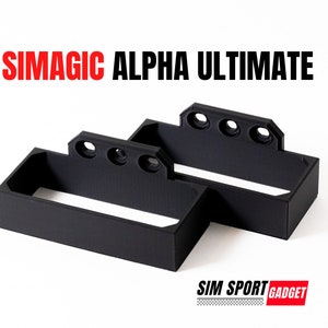 May include: Two black plastic mounts for a Simmagic Alpha Ultimate racing wheel. The mounts have three holes each and are designed to be attached to a racing rig.
