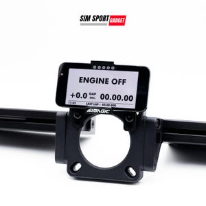 May include: A black racing simulator display with a screen showing "ENGINE OFF" and a timer reading "00.00.00". The display is mounted on a black metal bracket.
