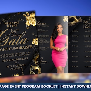 May include: A four-page event program booklet design featuring a black background with gold masquerade masks and floral accents. The text reads Welcome to the 25th Annual Gala Night Fundraiser, Two Thousand and Twenty-Six, and Event Schedule.