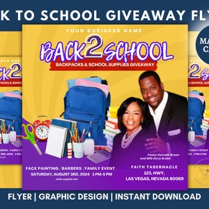 Modèle de flyer modifiable, sac à dos cadeau, rentrée des classes, collecte de fournitures pour la rentrée, événement communautaire, famille et amis, toile