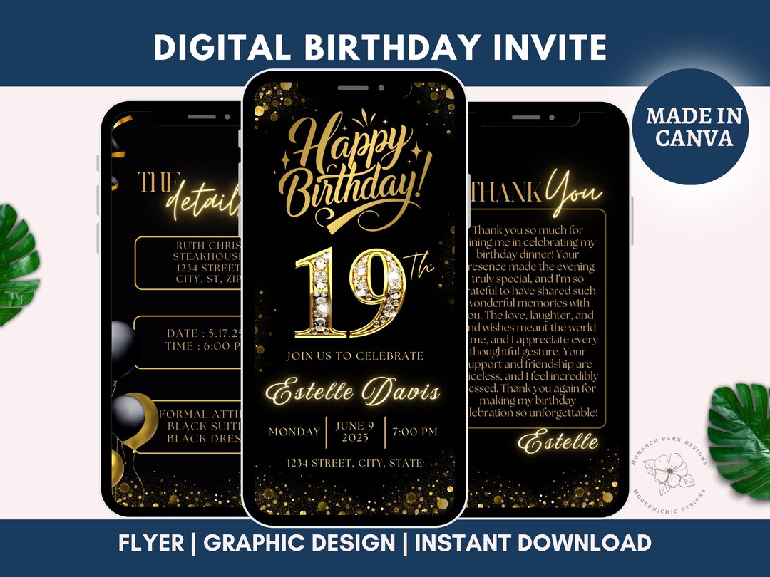 19th Birthday Party Invitation, Black Gold Digital 19th Glam Dinner ...