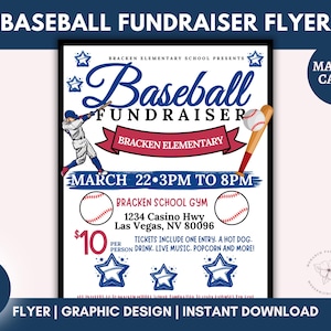 Baseball Fundraiser Flyer, Editable Printable PTA PTO Flyer, School Benefit Fundraiser Event Poster Digital, Sports Fundraiser, Canva Edit