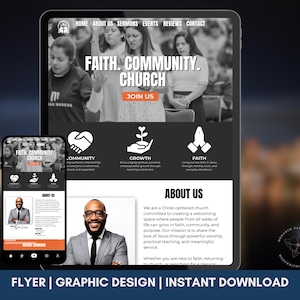 May include: A digital flyer design for a church, displayed on a tablet and smartphone. The design features the text "FAITH. COMMUNITY. CHURCH" with a call to action "JOIN US". The flyer includes sections on community, growth, and faith, with a photo of a smiling man.