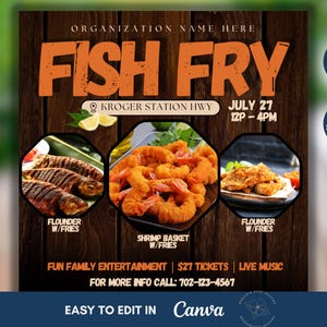 Editable Fish Fry Flyer Canva Template, Fish Fry Fundraiser, Seafood, Instant Download for School & Church Events, Charity Non Profit Event