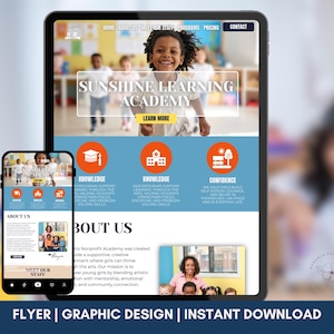 May include: A digital flyer design displayed on a tablet and smartphone. The flyer promotes Sunshine Learning Academy, featuring a photo of children and the text "Sunshine Learning Academy." The design includes icons and the words "Knowledge" and "Confidence."