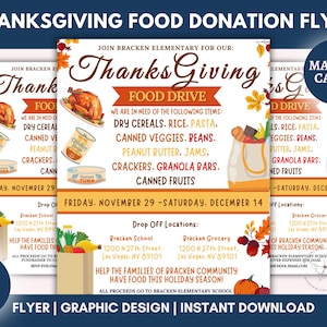 Thanksgiving Food Drive Flyer, Editable PTA Church Template (Canva)