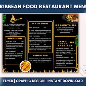 Edytowalne menu karaibskiego jedzenia na wynos, marketing restauracji, dzisiejsze specjały, specjalne dania lunchowe, szablon menu jedzenia, menu jamajskie, edycja Canva