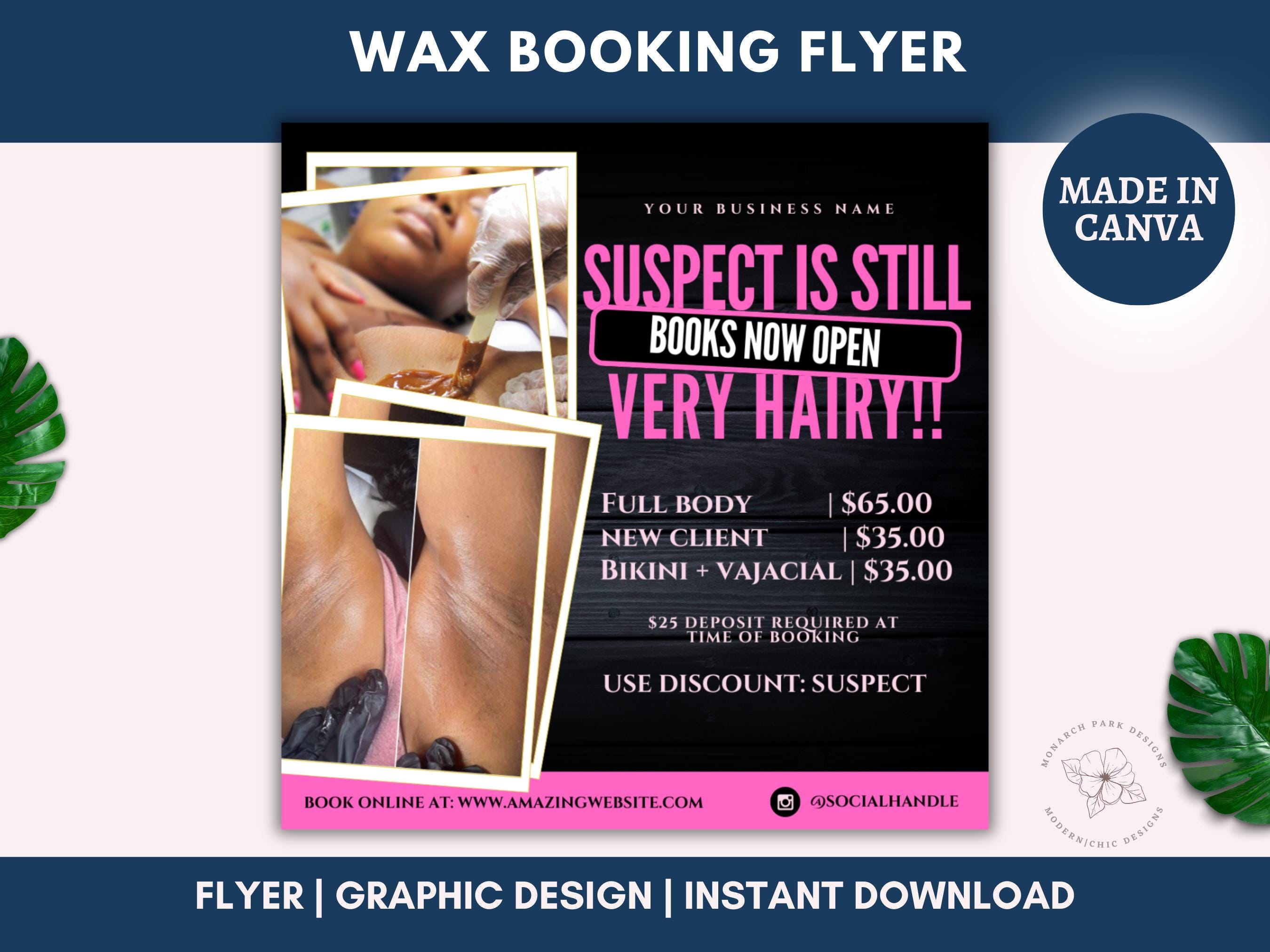 Wax Booking Flyer, Wax Specials Flyer, Suspect Flyer, January Book Now, Body Wax Flyer, Brow Wax Flyer, Waxing Flyer, Body Spa, Canva Edit