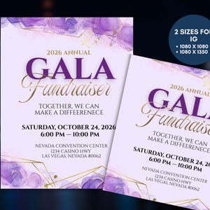 Pode incluir: Um folheto digital para uma gala de angariação de fundos anual de 2026 com detalhes em aguarela roxa e linhas geométricas douradas. O texto diz: 2026 ANNUAL GALA FUNDRAISER, TOGETHER, WE CAN MAKE A DIFFEERENECE, SATURDAY, OCTOBER 24, 2026, 6:00 PM – 10:00 PM, NEVADA CONVENTION CENTER, 1234 CASINO HWY, LAS VEGAS, NEVADA 80062.