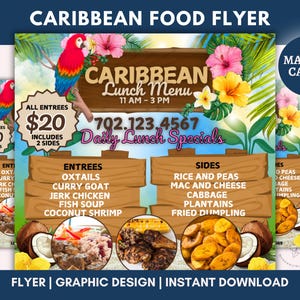 Folleto editable de comida caribeña, marketing de restaurantes, ofertas del día, especiales de almuerzo, menú de comida jamaiquina, publicación en redes sociales, edición en Canva