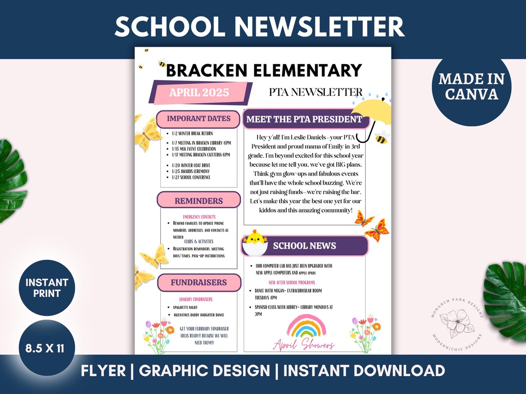 Editable April Newsletter Template, PTO PTA School Newsletter Flyer ...