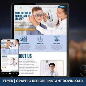 May include: Digital flyer design for an eye care clinic, displayed on a tablet and smartphone. The flyer features text: "Your future is bright, see it clearly." The design includes images of eye exams and medical eye care.