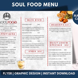 Edytowalne menu restauracji Soul Food, marketing restauracji, dzisiejsze specjały, specjalne dania lunchowe, szablon tygodniowego menu, post w mediach społecznościowych, Canva