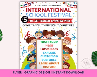 International School Festival Flyer: bewerkbare uitnodiging voor PTA PTO-evenement (canva, digitale download)