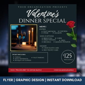 以下が含まれることがあります： キャンドルライトディナーの金色のフレーム画像が特徴の、濃いティール色のバレンタインディナー特別フライヤー。メニューには前菜、サイド、デザートが含まれています。赤いバラとテキストも表示されています。