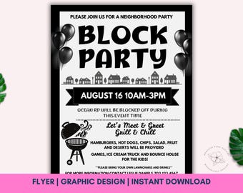 Plantilla editable de volante para fiesta de barrio: Invitación a barbacoa de barrio (Canva, descarga digital, tamaño carta de 8,5 x 11 pulgadas)