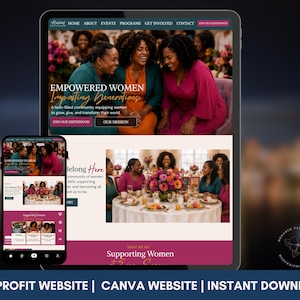 Puede incluir: Una tableta y un teléfono inteligente muestran el diseño de un sitio web titulado Radiant Sisterhood. Las pantallas presentan fotografías de mujeres en grupos, texto que incluye Empowered Women Impacting Generations y un diseño para una organización.
