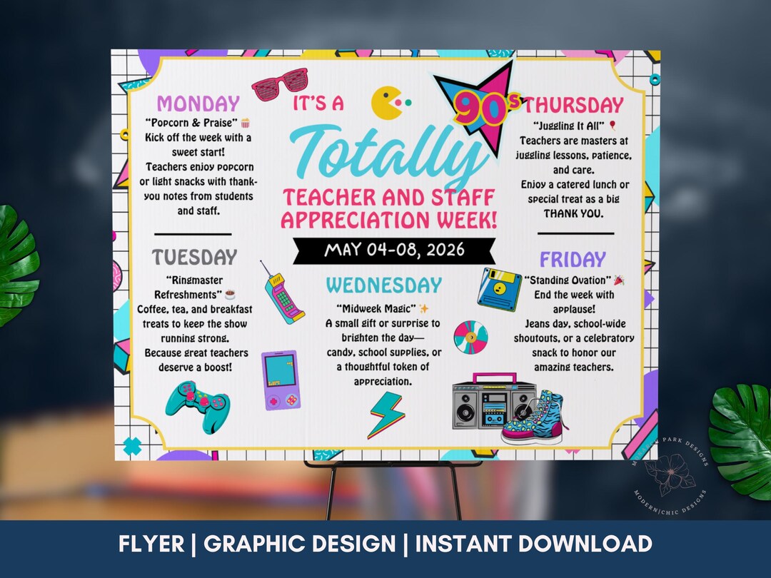 90s Theme Teacher Appreciation Week Flyer, Retro School Staff Poster ...