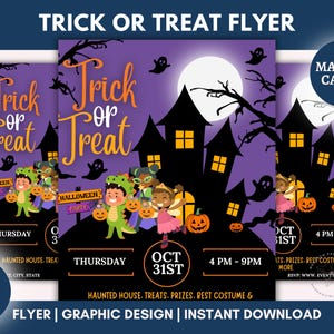 Trick or Treat Flyer, Halloween Party, Printable Invitation, Community Halloween Event, Church School Pto Pta Fall Harvest Party, Canva