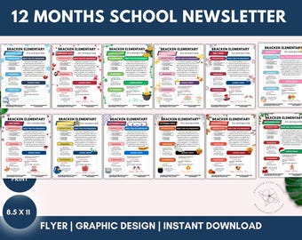 Plantillas editables para boletines escolares: Paquete Canva de 12 meses para PTO/PTA (descarga digital)