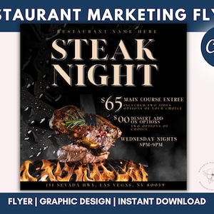 Folleto de marketing para restaurantes, folleto de noche de bistec, especial del día, bar y parrilla, evento benéfico sin fines de lucro, redes sociales, plantilla de folleto de Canva