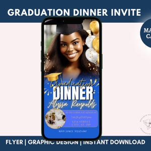Klasse von 2025 Abschluss-Abendessen-Party Einladung, Abschluss Evite Blau Jura-Abschluss-Ankündigung, Gold bearbeitbare graduierte Abendessen-Einladung, Canva
