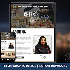 Könnte beinhalten: Ein digitales Design, das die Website von "Chef Kay" auf einem Tablet und Smartphone zeigt. Die Website zeigt ein Foto des Kochs, Text und Bilder von Speisen. Das Design enthält den Text "FLYER | GRAPHIC DESIGN | INSTANT DOWNLOAD."
