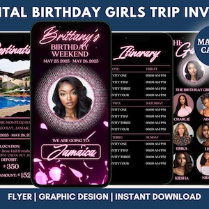 Birthday Itinerary Template, Animated Birthday Girl Party Invites Flyer, Vacation Template, Caribbean Travel Planner, Girls Trip, Canva Edit