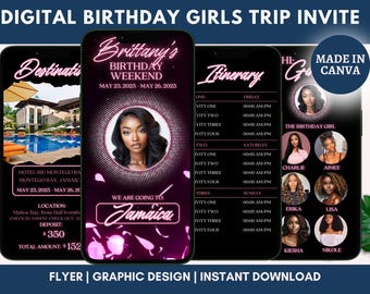 Birthday Itinerary Template, Animated Birthday Girl Party Invites Flyer, Vacation Template, Caribbean Travel Planner, Girls Trip, Canva Edit