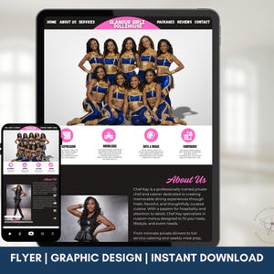 May include: A digital graphic design displaying a website layout on a tablet and smartphone. The website features a group of women in blue and gold outfits. Text includes "Glamour Girlz Dollzhouse" and "About Us". The bottom banner reads "FLYER | GRAPHIC DESIGN | INSTANT DOWNLOAD".