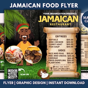 Folleto editable de restaurante de comida jamaiquina, menú de comida jamaiquina, menú de comida caribeña, especiales del día, especial de almuerzo, plantilla de menú de comida, Canva