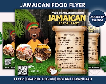 Editable Jamaican Food Restaurant Flyer, Jamaican Food Menu, Caribbean Food Menu, Today&#39;s Specials, Lunch Special, Food Menu Template, Canva