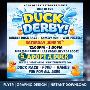 Duck Derby Fundraiser Flyer, Rubber Duck Race Social Media Template (Canva)