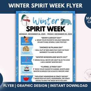 Editable Winter Spirit Week Flyer, Spirit Week Schedule, December Holiday Spirit Week, Spirit Week Planner, PTA PTO Weekly Planner, Canva