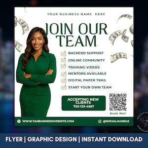 May include: A promotional flyer with the text "JOIN OUR TEAM" and a woman in a green dress. The flyer lists benefits like backend support and training videos. Includes a QR code and contact information.