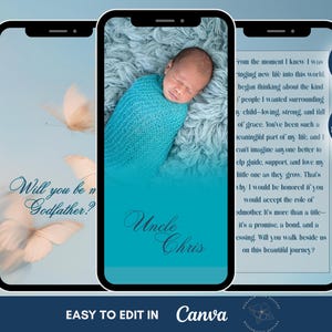 Propuesta de Padrino Editable, Propuesta Digital de Padrino, Azul, Pedir a los Padrinos, Tarjeta Virtual para Tío Padrino, Regalo para el Padrino, Plantilla de Canva