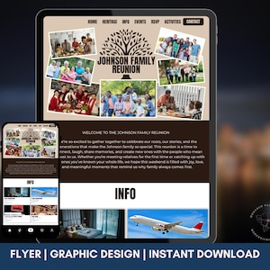 May include: A digital flyer design for a family reunion, displayed on a tablet and smartphone. The design features family photos, a tree graphic, and the text "JOHNSON FAMILY REUNION". The bottom text reads "FLYER | GRAPHIC DESIGN | INSTANT DOWNLOAD".