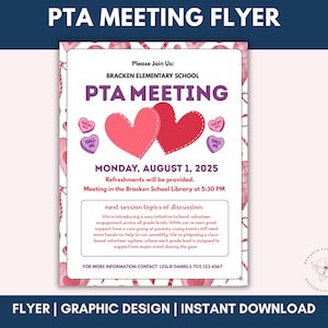 Editable February PTA Meeting Flyer – Valentine’s Theme School Flyer, Canva Template for PTO Meeting Reminder