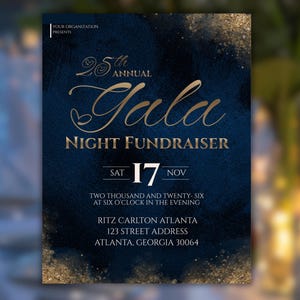 Könnte beinhalten: Eine dunkelblaue und goldene Einladungskarte für eine jährliche Gala-Spendenveranstaltung. Der Text lautet: 25th Annual Gala Night Fundraiser, Sat 17 Nov, Two Thousand and Twenty-Six at Six O'Clock in the Evening, Ritz Carlton Atlanta, 123 Street Address.