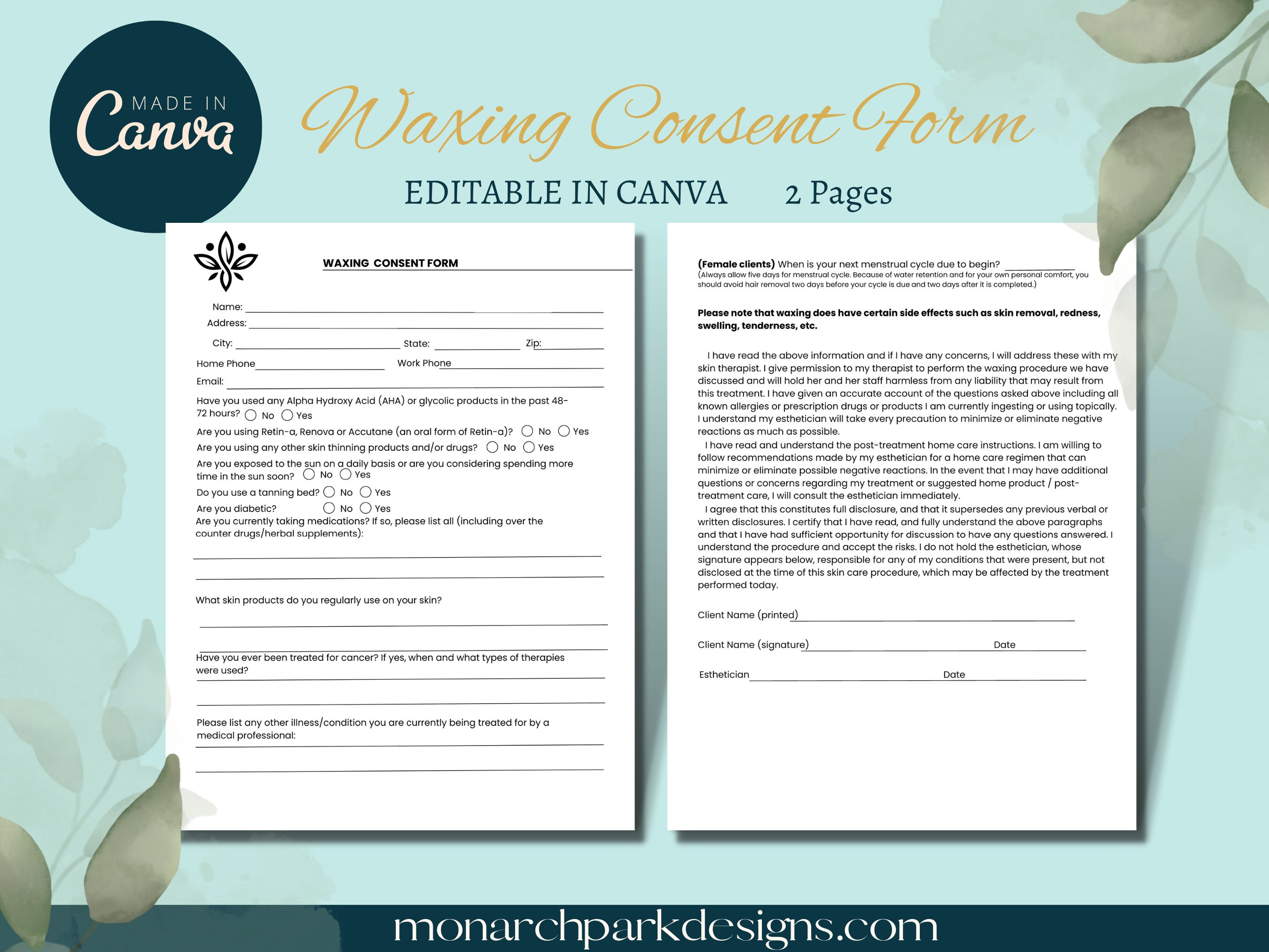 Waxing consent form editable esthetician forms esthetician template