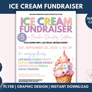 Ice Cream Social Flyer, Teacher Appreciation Week, Printable Ice Cream Fundraiser Party Invite, Church School PTA PTO Fundraiser, Canva Edit