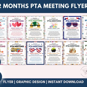 PTA Meeting Flyer Bundle – 12 Monthly Canva Templates for School Meeting Reminders, Seasonal Editable PTO Flyers, Parent Group Announcements