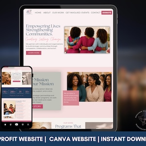 May include: A digital display of a nonprofit website template on a tablet and smartphone screen. The layout features a light pink background, dark text, and images of people. Navigation includes Home, About, Our Work, Get Involved, Events, Contact, and Donate.