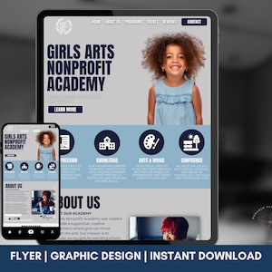 以下が含まれることがあります： Girls Arts Nonprofit Academyのデジタルフライヤーデザイン。タブレットとスマートフォンに表示されています。若い女の子、青と白の配色、重要な価値観を表すアイコンが特徴です。「Girls Arts Nonprofit Academy」と「詳細はこちら」のテキストが含まれています。